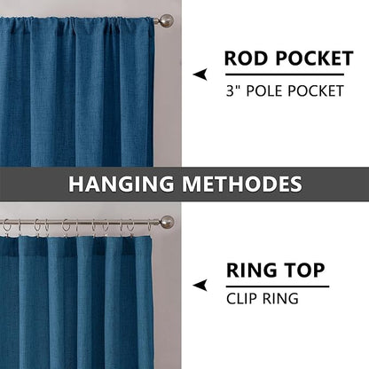 Tollpiz Linen Curtain Bedroom Rod Pocket Semi Sheer Curtains Burlap Light Filtering Thick Linen Drape for Living Room, 38 x 84 inches Long, Classic Blue, Set of 2 Panels