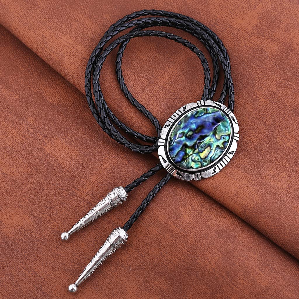 HUABOLA CALYN Bolo Tie for Men Women, Round Shape Abalone Shell Western Cowboy Bolo Ties, Native American Leather Necktie Costume Accessories