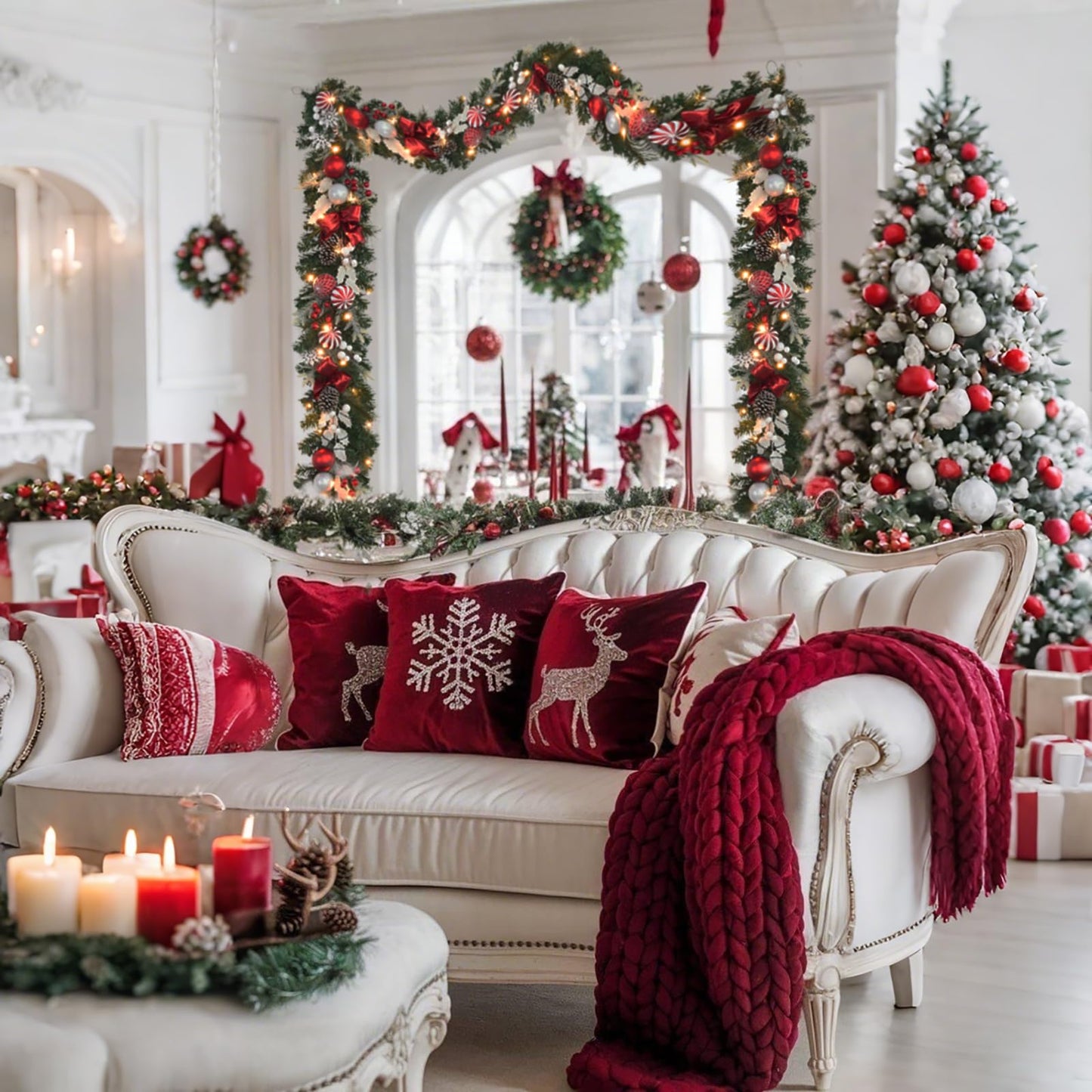 prelit 6ft Christmas Garland with 25 LED Lights with Timer, prelit red White Garland with Plenty Hand-Painted Ornaments,Festive Lighted Winter Decor for Front Door, Mantel, Stair & Fireplace