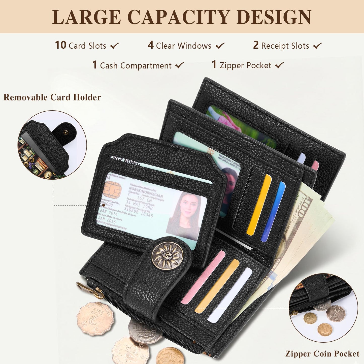 Mayski Skull Bookshelves Gothic Small RFID Wallet Women, PU Leather Bifold Zipper Coin Pocket Compact Cash Credit Card Holder Purse, Cute Travel Wallet for Ladies Teen Girls, 4 ID Window 14 Card Slots