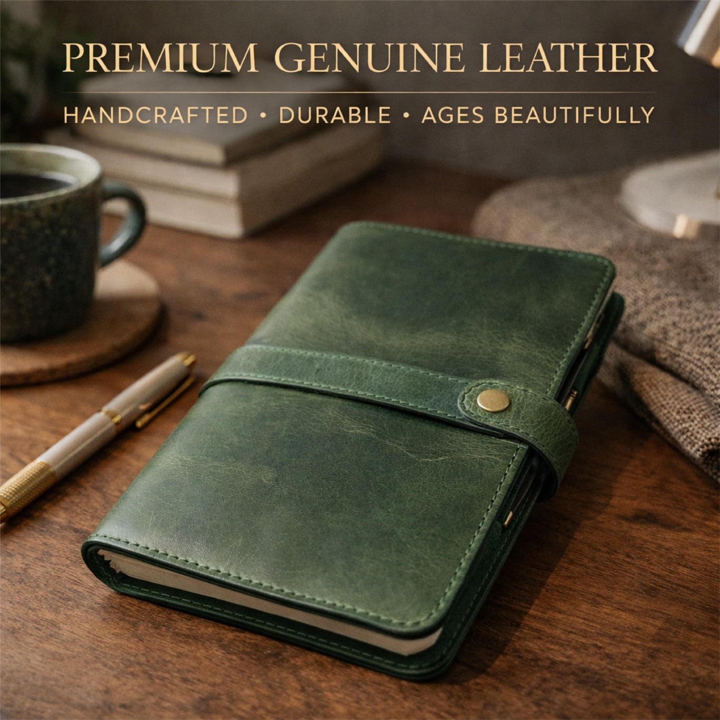 TheAntiq Genuine Leather A5 Journal Cover with Snap Closure – Handmade Refillable Notebook with Card Slots, Pen Holder, Travel Writing Diary for Office & Gift Use 5.75 x 8.25 (Green)