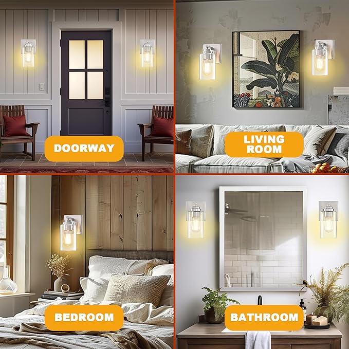Wall Sconces Set of Two, Brushed Nickel Wall Sconce with Rotary Switch, Sconces Wall Lighting, Bedside Wall Lamps, Light Fixtures for Bathroom Bedroom Living Room Hallway Kitchen