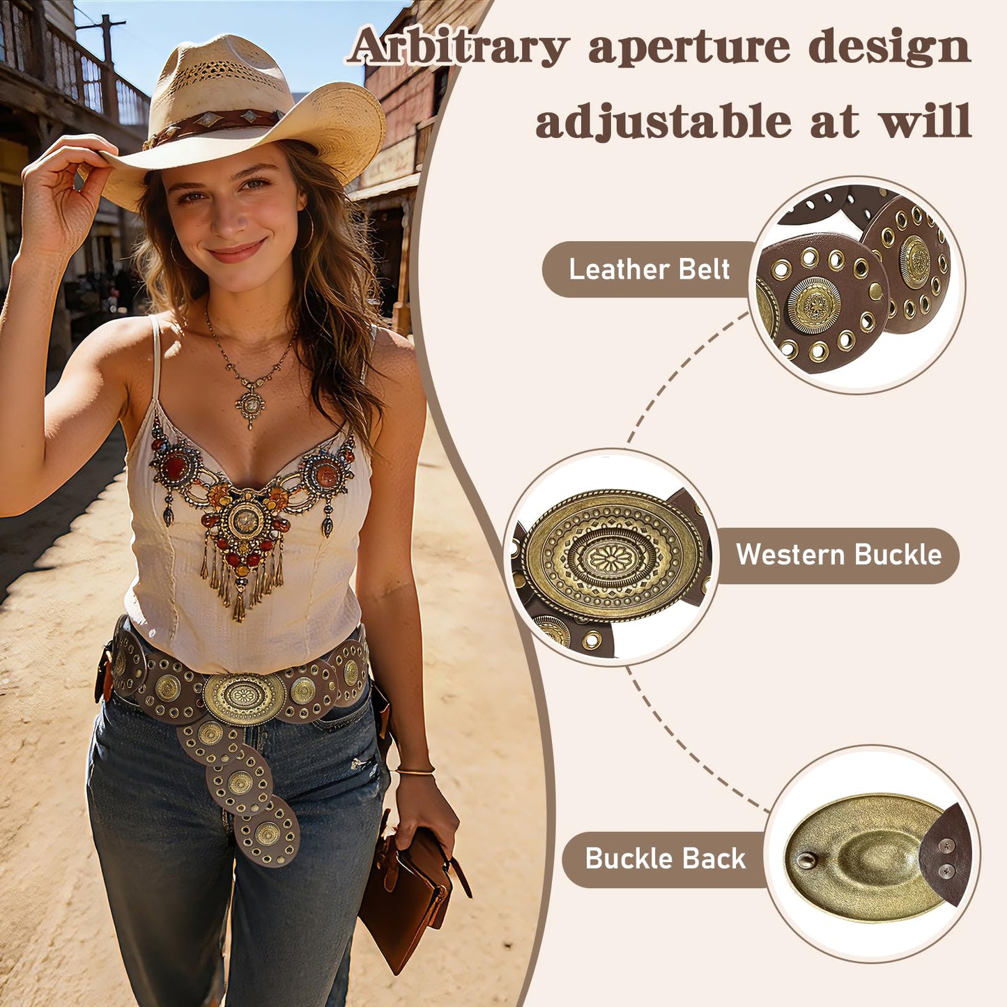 GDfrhao Leather Western Boho Belts for Woman, 39.37inch Concho Vintage Belt for womens Dress Jeans, Country Brown