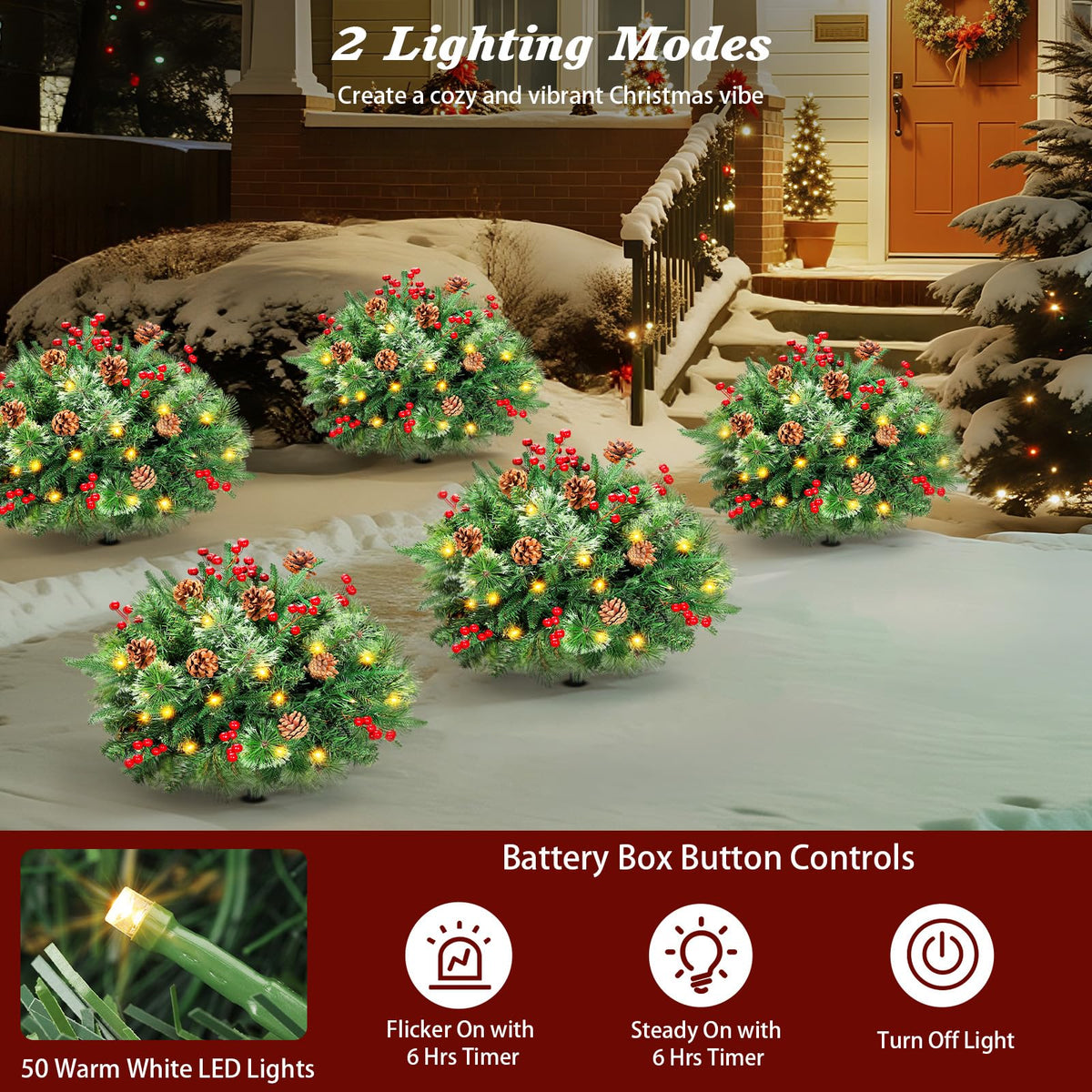 Lewondr Set of 2 Prelit Pathway Christmas Trees, 20.87" Outdoor Christmas Tree with 50 LED Lights, Pine Cones Red Berries, Battery Operated Outdoor Xmas Decor for Yard Home Porch