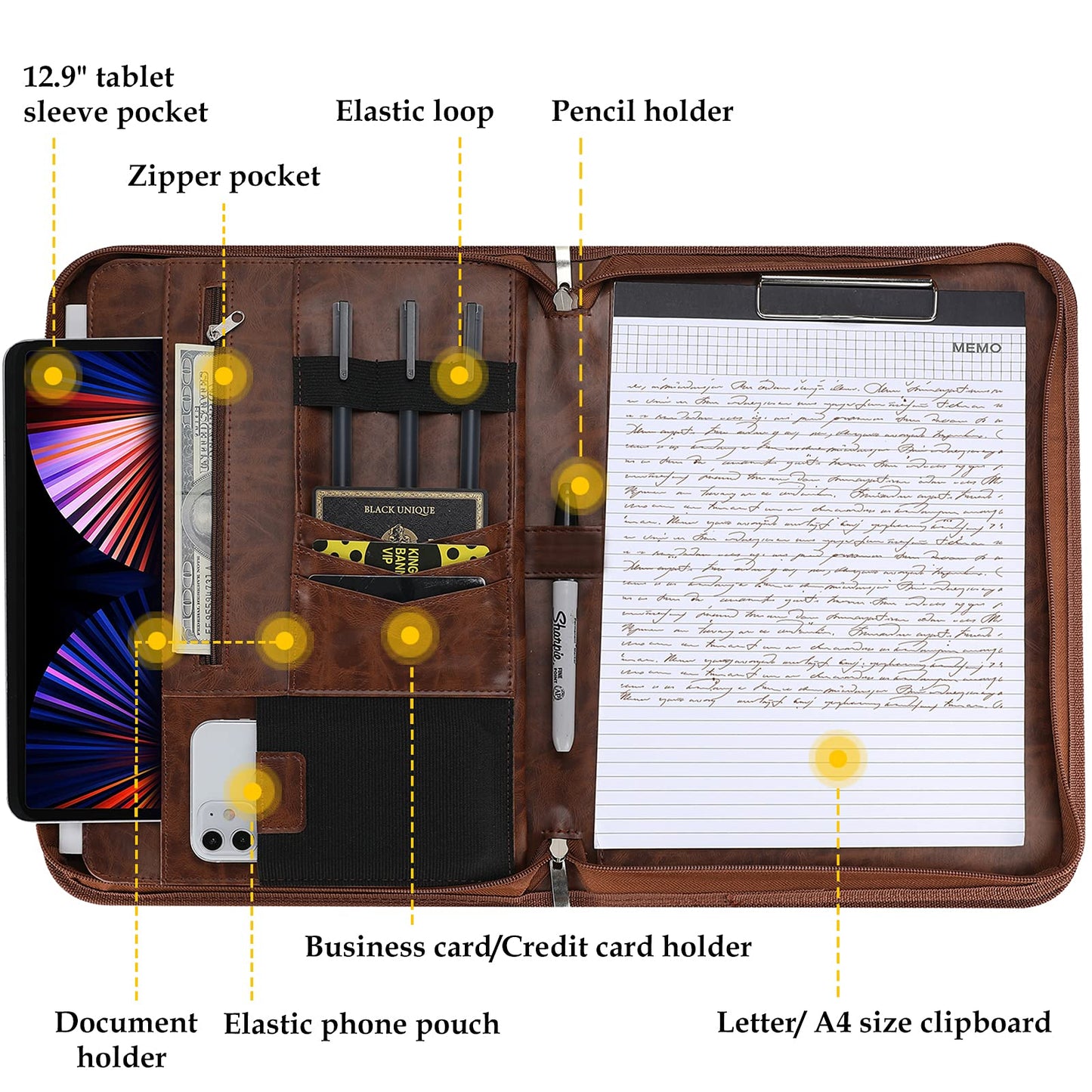 ProCase Portfolio Business Padfolio Folder with Zipper, Conference Meeting Executive File Legal Document Organizer with Pockets Letter Size A4 Writing Pad Notepad Padfolio -Brown