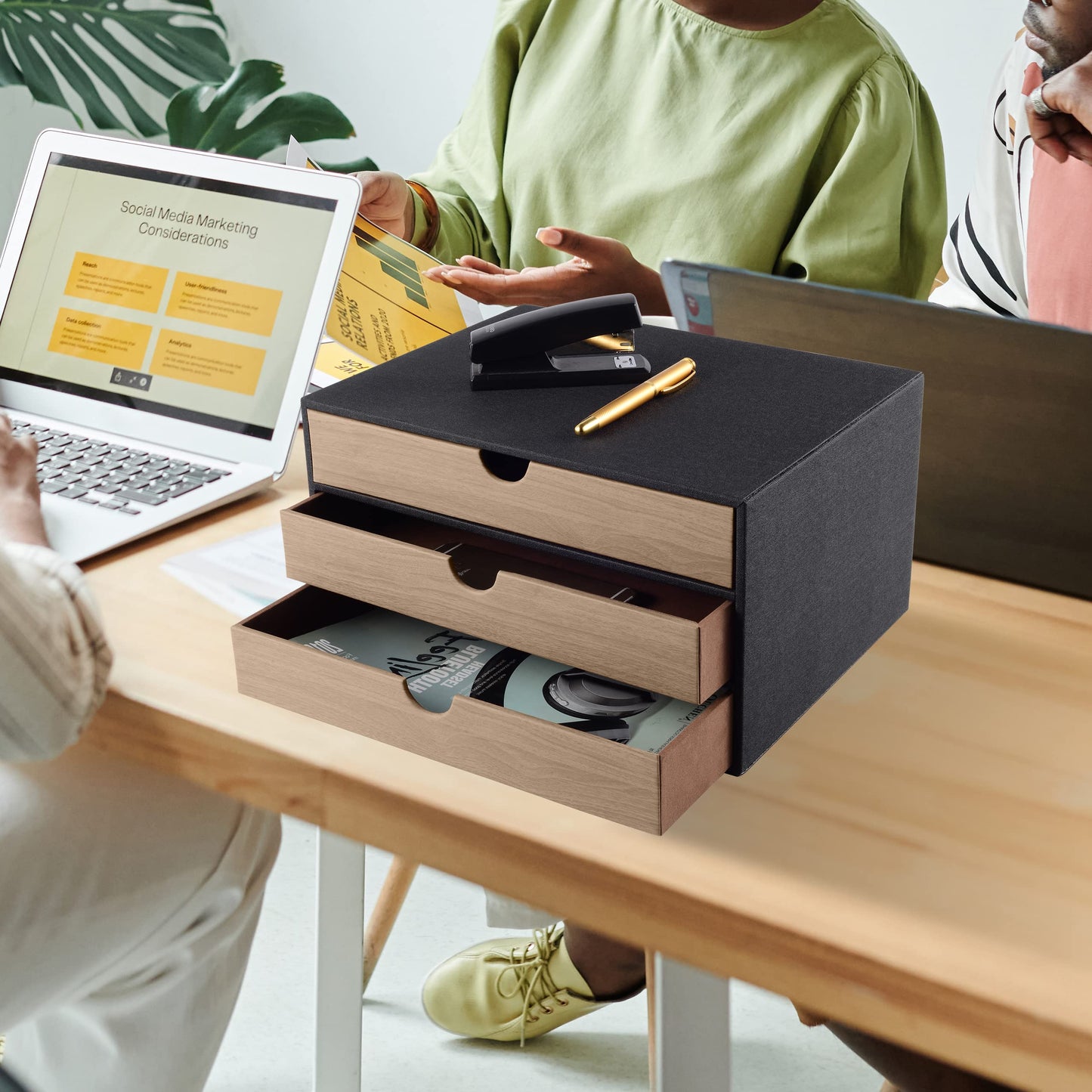 RHCSZ Fashion Multicolor Collocation Leather Desk Organizer File Cabinet Executive Office Supplies Desktop Filing A4 Contract Document Stackable Storage Box with 3 Drawers (Black)