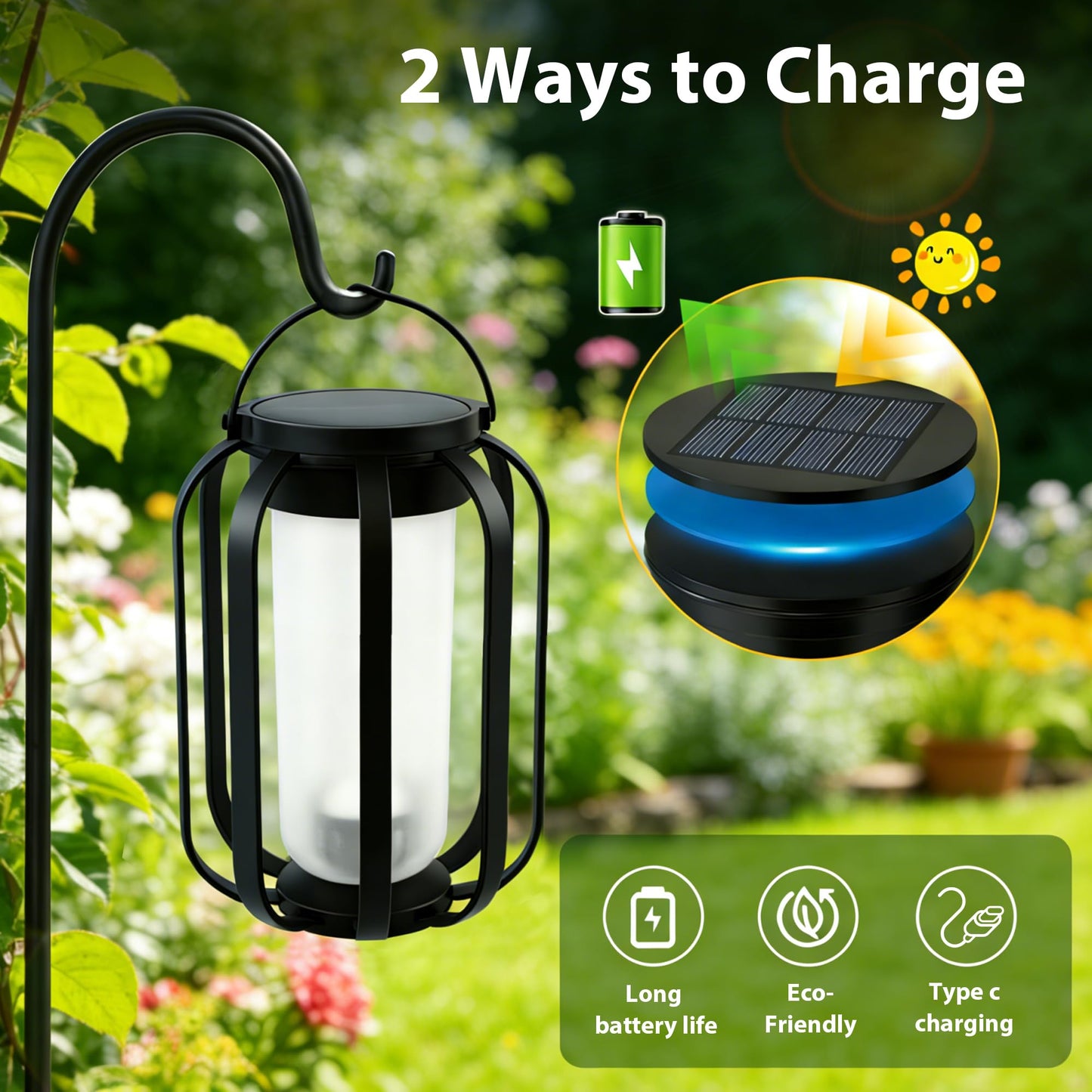 Solar Lanterns Outdoor Lights, 2 Pack Waterproof Flickering Flame Hanging Lights, Solar & USB Dual Charging, 2 Modes, Solar Pathway Lights for Yard, Garden, Patio, Tabletop, Holiday Decor