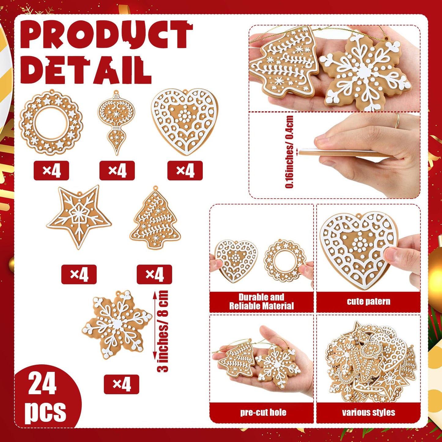 Shellwei 24 Pcs Gingerbread Cookie Ornaments Cookie Christmas Tree Ornaments Bulk Gingerbread Christmas Tree Decorations Rustic Hanging Decor for Xmas Indoor Home