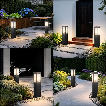 Outdoor Landscape Path Light Stainless Steel Waterproof Bollard Lighting Hardwired E26 Glass Post Pillar Lights Black Modern Lawn Lighting Outside House Pathway Lamp For Garden Patio Yard Street Light