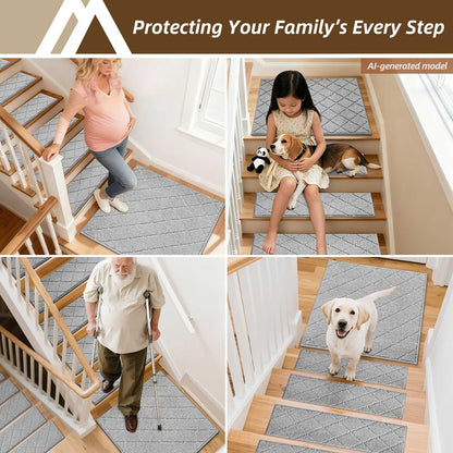 COSY HOMEER Edging Stair Treads Non-Slip Corner Indoor Stair Runners for Wooden Steps,Landing Slip Resistant Stair Rugs Mat for Kids and Dogs,100% Polyester TPE Backing,Grey,30x30 inch