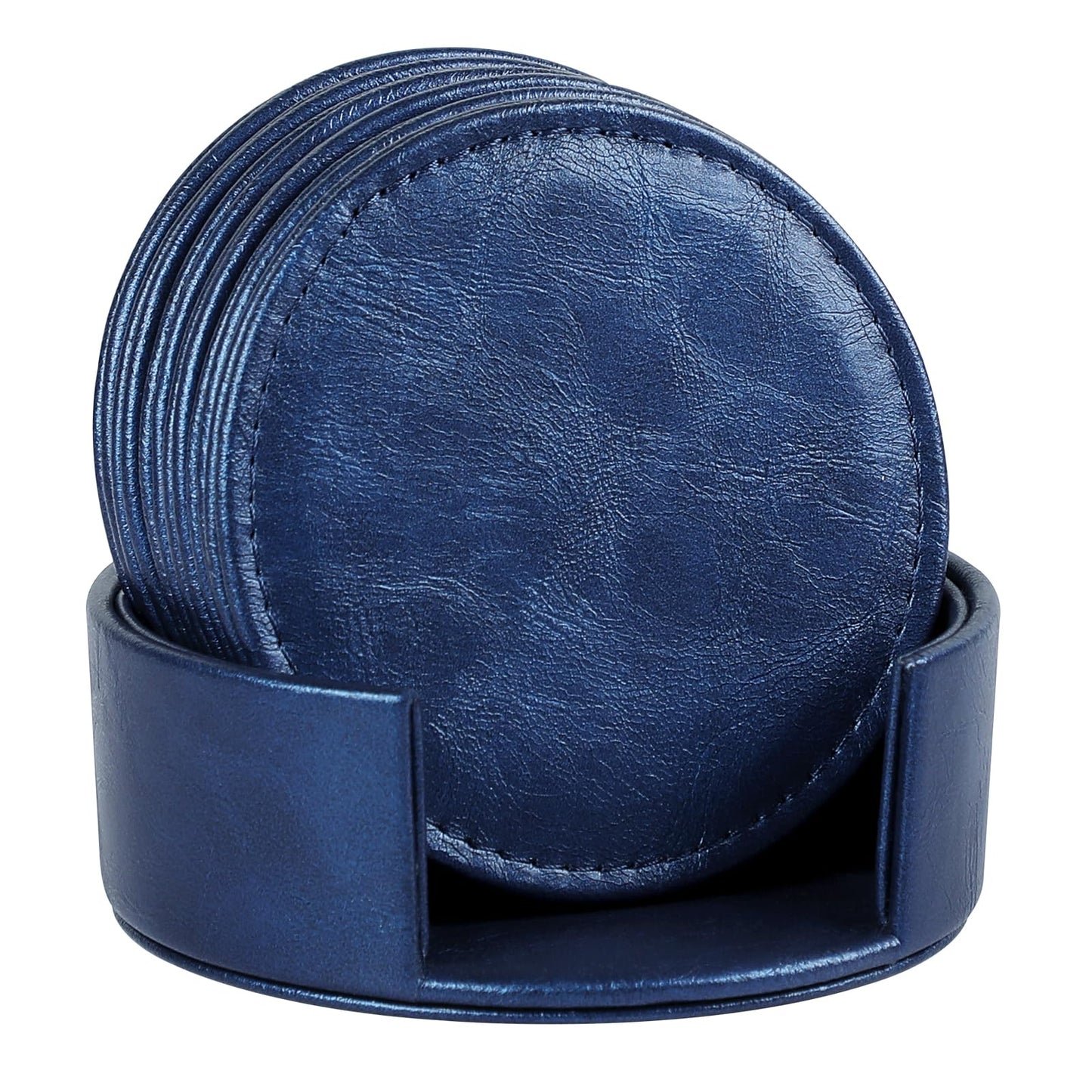 Leather Coasters Set of 6 with Holder, Tabletop Protection, Coffee Table & Bar Decoration, Modern-Style Drink Coasters Suitable for Home Dining Tables & Kitchen Accessories (Blue)
