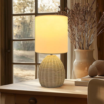 Boho Rattan Table Lamp - 3 Color Temperature, Handwoven Nightstand Lamp for Bedroom & Living Room