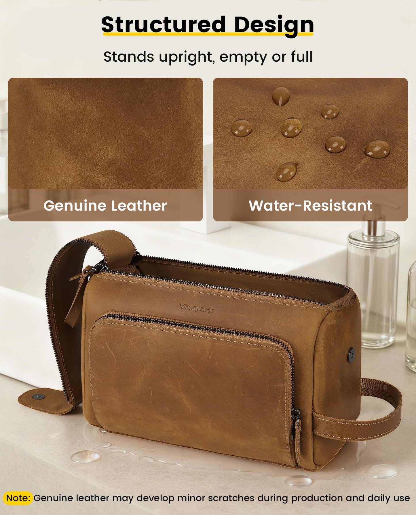 Vorspack Genuine Leather Toiletry Bag for Men - Water Resistant Travel Bag for Toiletries, Essentials, Accessories - Light Brown