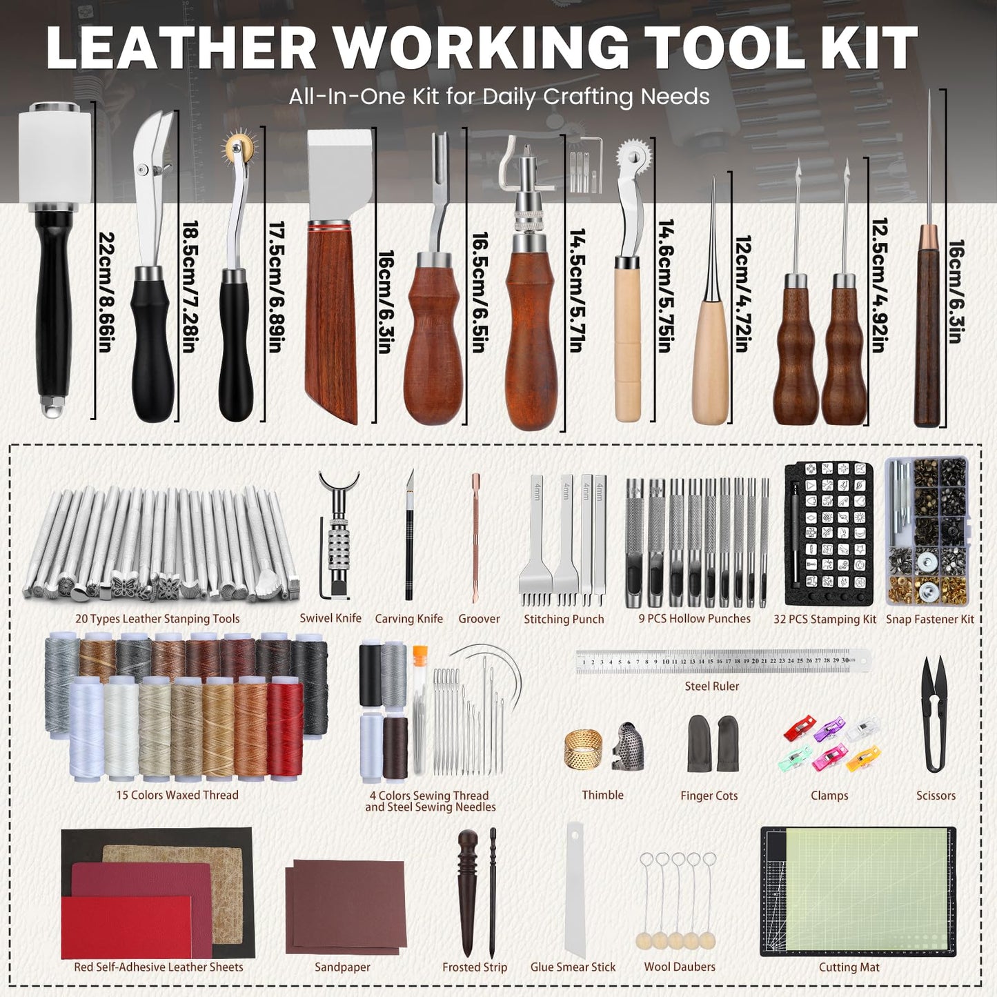 CBHGFEA Leather Working Kit, Leather Working Tools with Custom Storage Bag, leathercraft Supplies, Sanding Supplies for DIY Handicraft Making and Repair