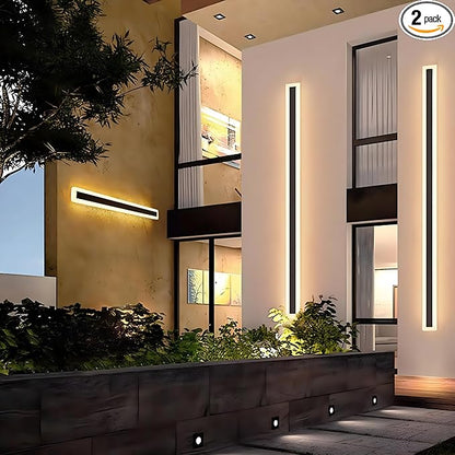 2Pack 31.5inch Long Outdoor Modern LED Wall Light,24W Waterproof IP65 Warm White 110V led Wall Mount Lighting Fixture Rectangular Black Wall Lights Elegant Frosted White Acrylic Anti Rust.