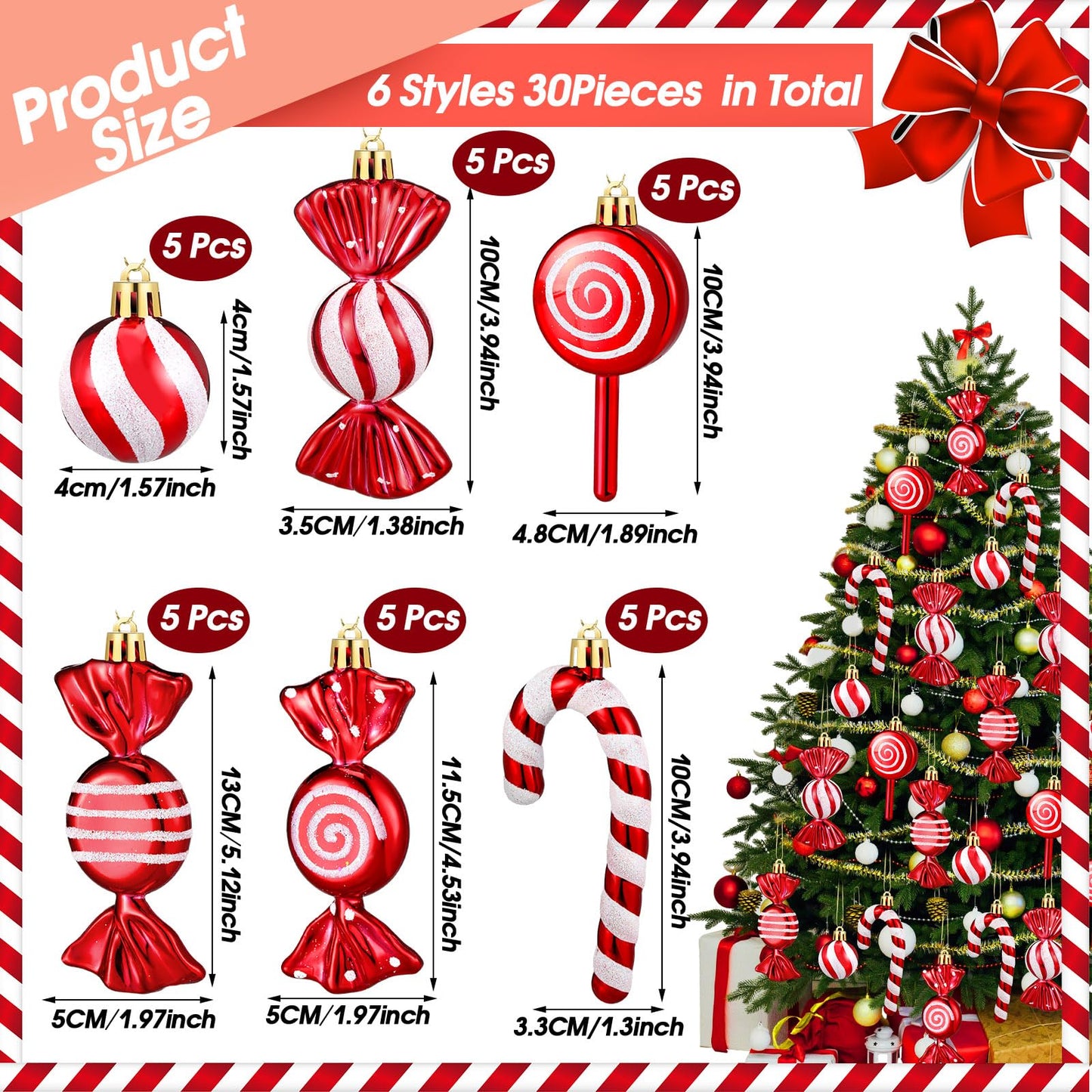 Liliful 30 Pcs Christmas Candy Cane Lollipop Ornaments Set Plastic Holiday Peppermint Candy Home Hanging Ornament Lollipop with Rope for Xmas New Year Party Decor(Red White)