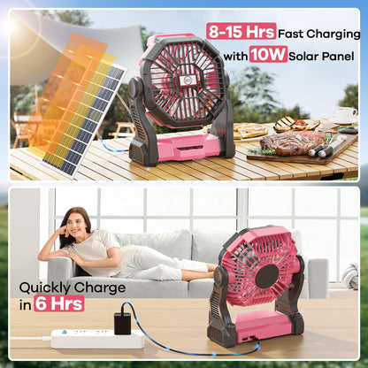 30000mAh Solar Fan with LED Lantern, 10W Solar Panel Rechargeable Battery Powered Camping Fan for Outside, 9 Inch Portable Battery Operated Hurricane Supplies for Picnic, Barbecue, Fishing, Travel