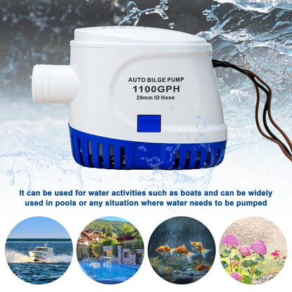 Sanuke 1100GPH Automatic Bilge Pump 12V, Submersible Auto Water Pump with Built-in Float Switch, 29mm (1-1/8") Outlet, Marine Bilge Pump for Boats, Ponds, Pools, Caravan RV