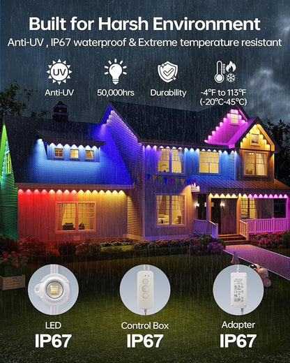 ASAHOM AI Permanent Outdoor Lights S107D, 200FT with 144 RGBCW LED Lights and Dual Output, 30,000 Lighting Effect Combination, IP67 Waterproof for House Halloween Christmas and Daily Decoration, White