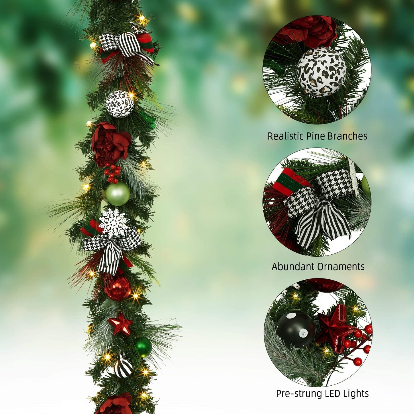 Adeeing 6 FT Christmas Garland with Lights, Pre-lit Outdoor Garland with Battery Operated 20 LED Lights, Holiday Garland with Stars, Flower, Berry Branches(Red and Green)