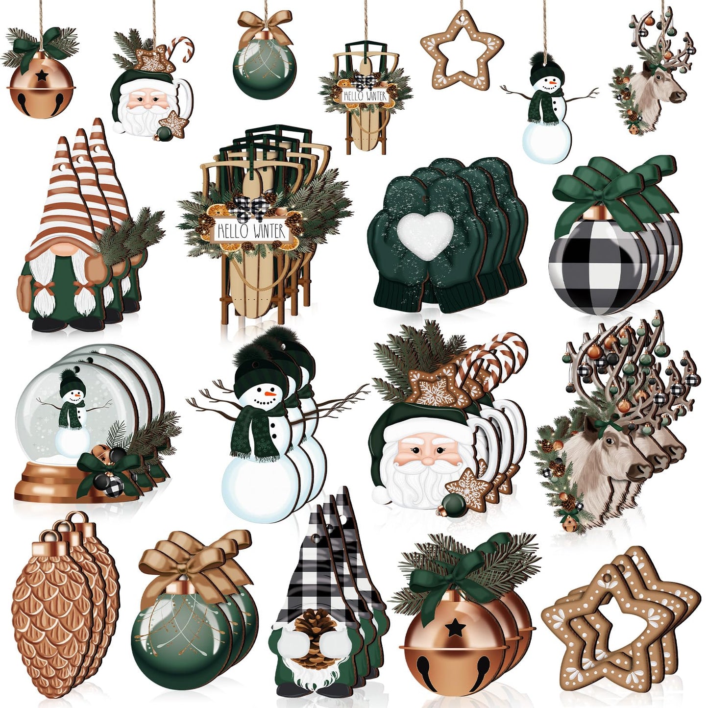 Huwena 40 Pcs Christmas Wooden Ornaments Winter Decorations for Xmas Tree Gingerbread Nutcracker Snowman Gnome Wood Cutouts for Small Tree Wreath Decor(Hunter Green,Winter Wonderland)