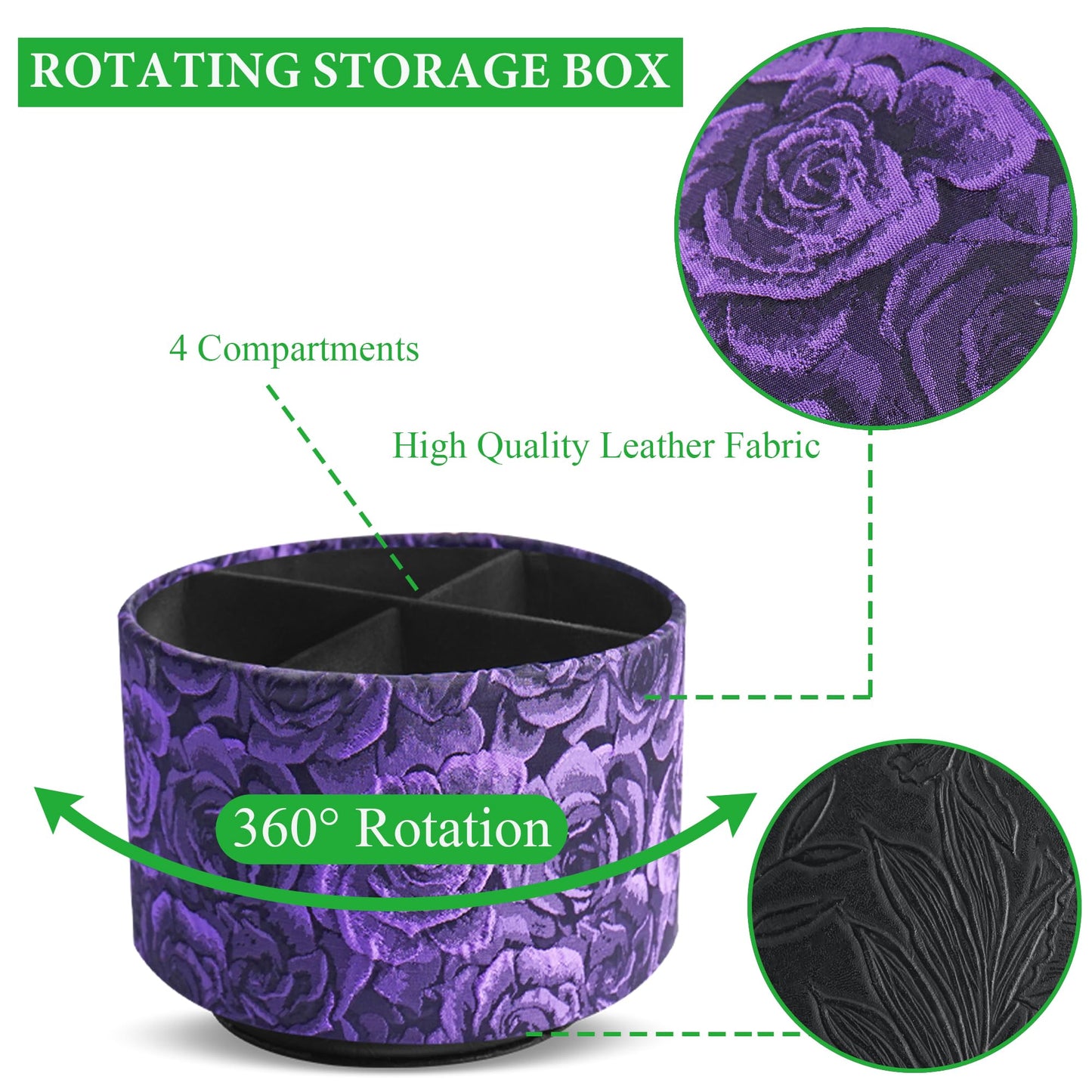 QIELIZI Round Leather Art Supply Organizer,Remote Control Holder,360 Degree Rotating,Multi-Functional Pencil Holder,4 Compartments Desktop Stationary Organizer(1-3D Rose Purple)
