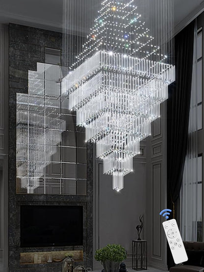 Flashing God D59''X H120'' Extra Large Chandeliers for High Ceilings Black Square Chandeliers Crystal Raindrop Chandelier for Villa Entrance Foyer LED Dimmable 2700K-6000K