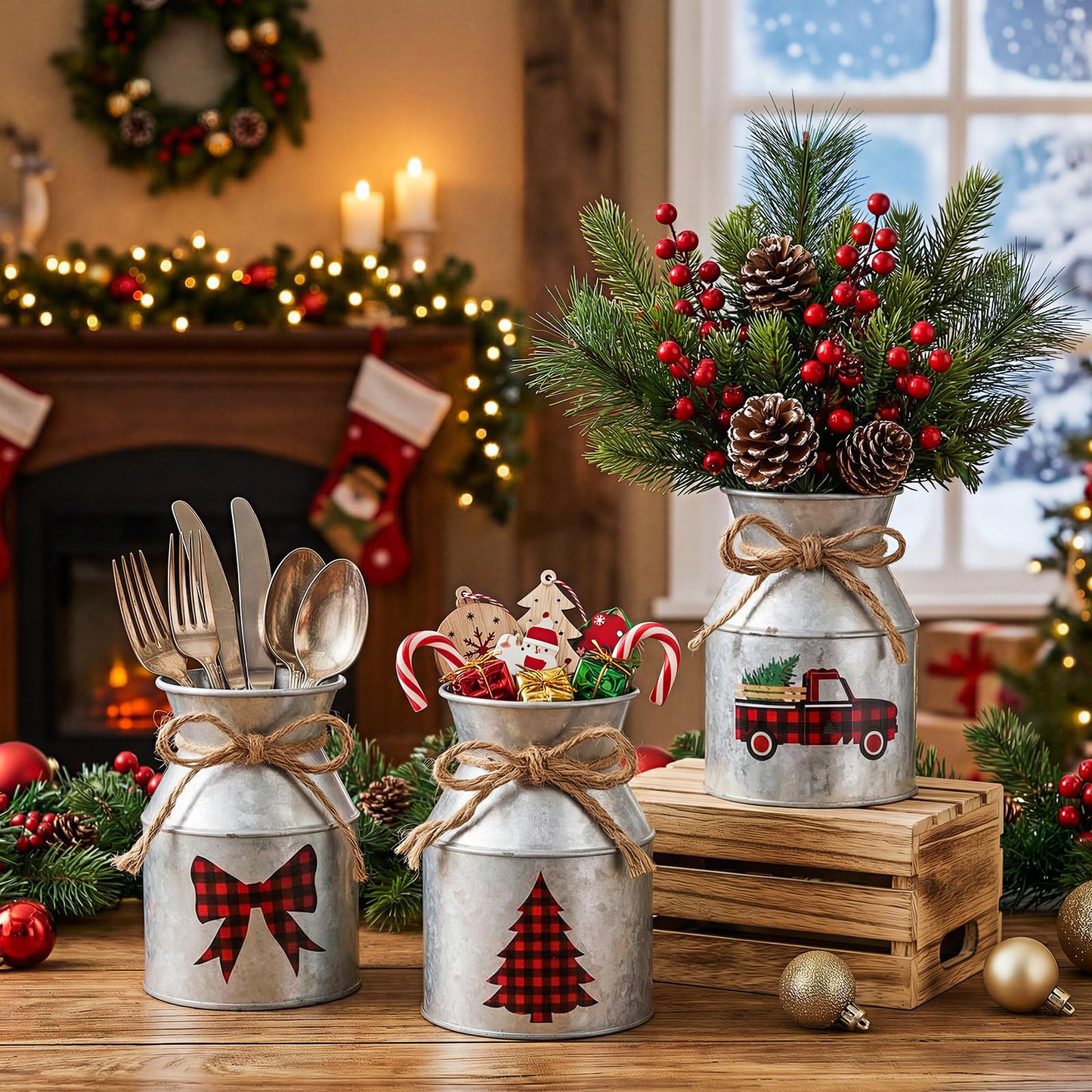 Domensi 6 Pcs Christmas Flower Vases for Table Centerpieces Bulk 5.12 Inch Rustic Metal Galvanized Flower Buckets with Bow Farmhouse Buffalo Plaid Xmas Milk Can Jug for Kitchen Dining Table Decor