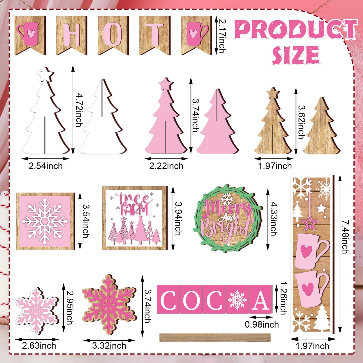 GlikCeil 19 Pcs Pink Christmas Tiered Tray Decor Winter Hot Cocoa Wooden Sign Snowflakes Coffee Table Decoration Rustic Farmhouse Winter Signs for Home Decor Tabletop Shelf Centerpieces