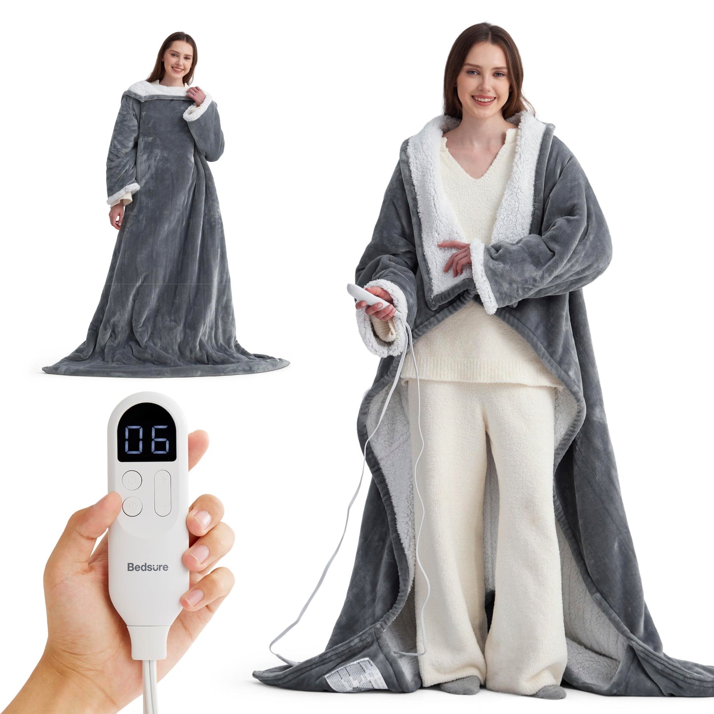 Bedsure Heated Blanket Wearable Shawl - Electric Wrap Poncho Blanket Hoodie for Adult, Birthday Gifts for Mom Women, Sherpa Heating Throw with 4 Time Settings & 6 Heat Settings, 55x64 inches, Grey