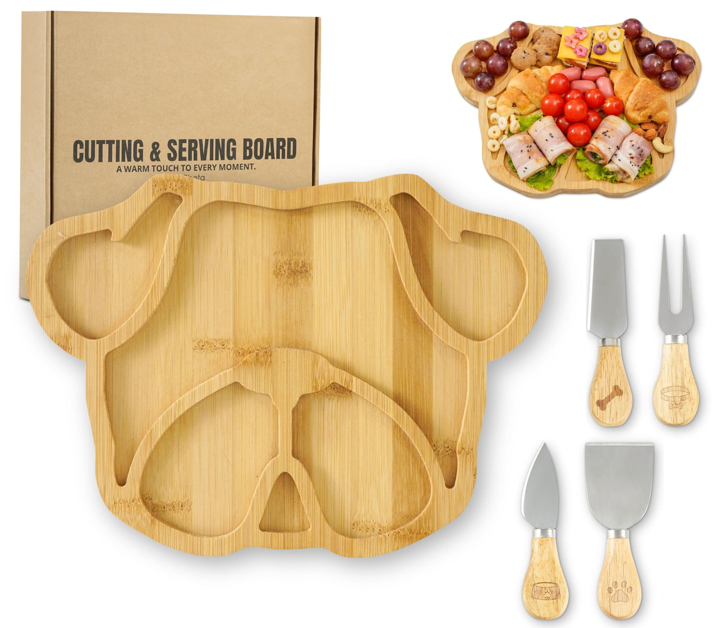 Pug Gifts for Women/Men Charcuterie Board, 11.81 * 8.66 * 0.79 inches Cheeses Charcuterie Wood Cutting/Serving Board Set with 4 Matching Spreaders for Housewarming Thanksgiving Christmas