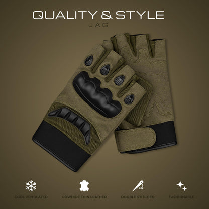 J.A.G. Half Finger Tactical Gloves for Men - Leather Hard Knuckle Sports Padded Glove for Cycling, Hiking, Combat, Hunting, Motorcycle Gloves (Olive Green, Large)