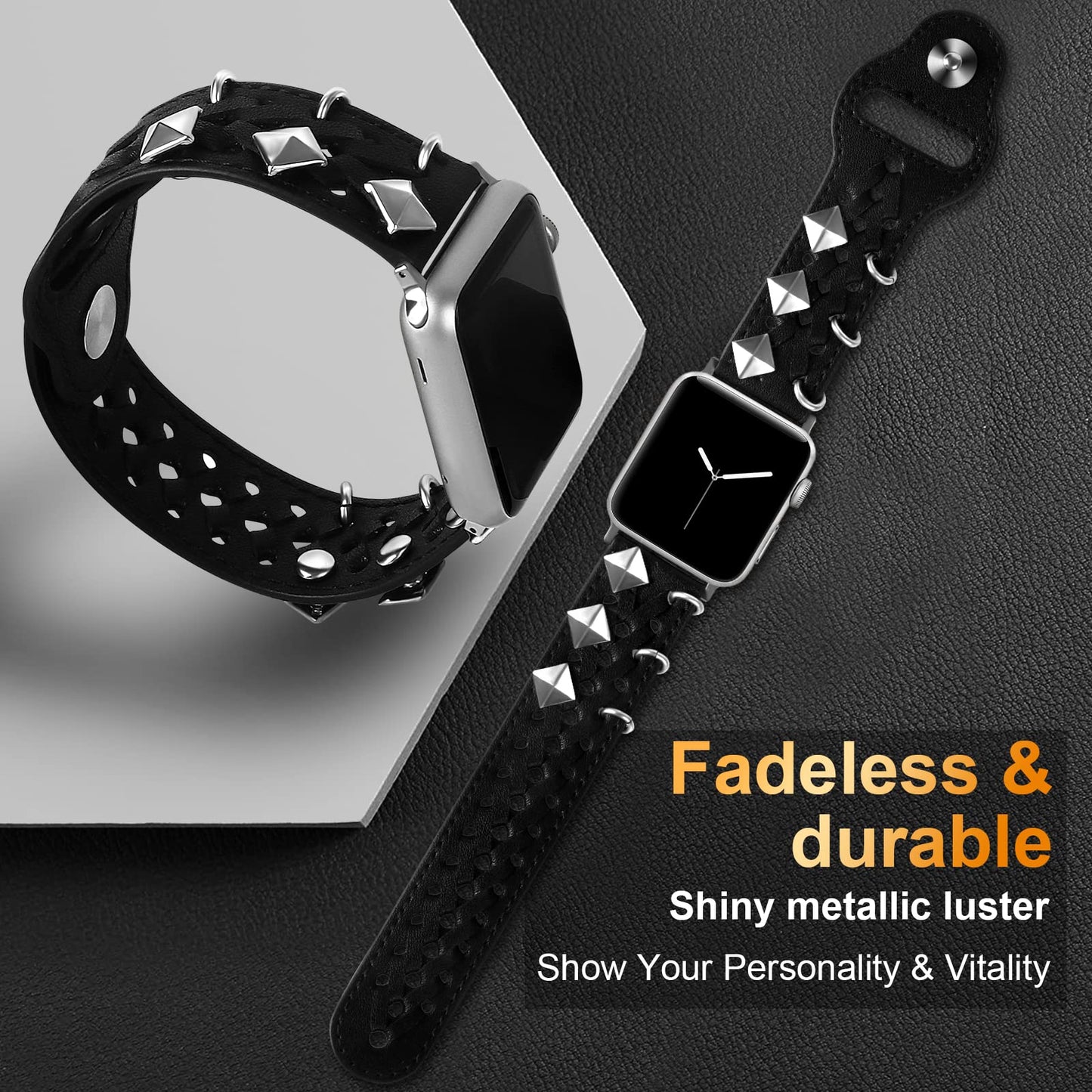 VIQIV Leather Band Compatible with Apple Watch Ultra Band 44mm 45mm 49mm 42mm for Women Men, Hollow-out Woven Rivets Bracelet Designer Wristbands Smartwatch Strap for iWatch Series SE 8 7 6 5 4 3 2