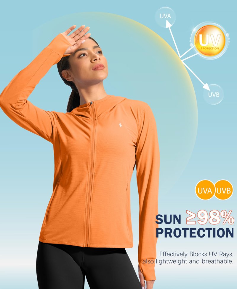 Soothfeel Women's UPF 50+ Sun Protection Hoodie Jacket Lightweight Long Sleeve Sun Shirt for Women with Pocket Hiking Outdoor(Orange, S)
