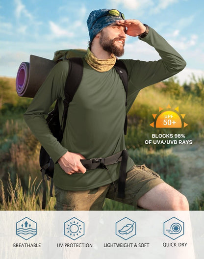Roadbox Mens UPF 50+ UV Sun Protection Shirts Outdoor Long Sleeve SPF Diving Rash Guard for Fishing Hiking Swimming Dark Green
