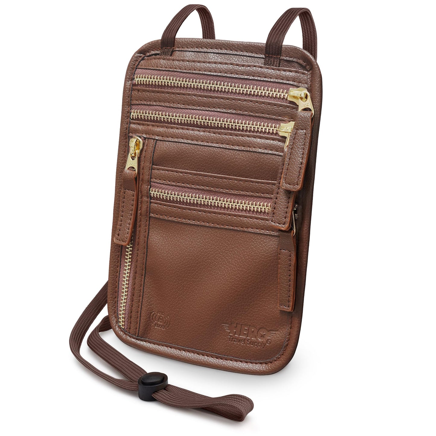 HERO Neck Wallet - RFID Blocking Passport Holder, Easy to Conceal Travel Pouch (Vegan Leather Brown)