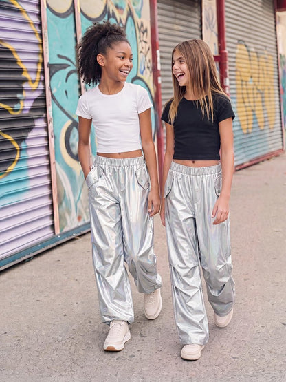 Stelle Girls Metallic Cargo Pants Shiny Hip Hop Dance Joggers Sparkly Stretchy Wide Leg Street Pants for Kids,Holograph Silver,8-9 Years
