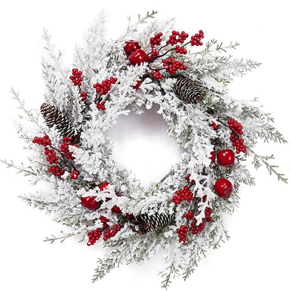 Christmas Wreath, 18 Inch Snow Flocked White Winter Wreath with Pine Cones Berries Apples for Front Door Fireplace Table Centerpiece Holiday Home Indoor Outdoor Decoration