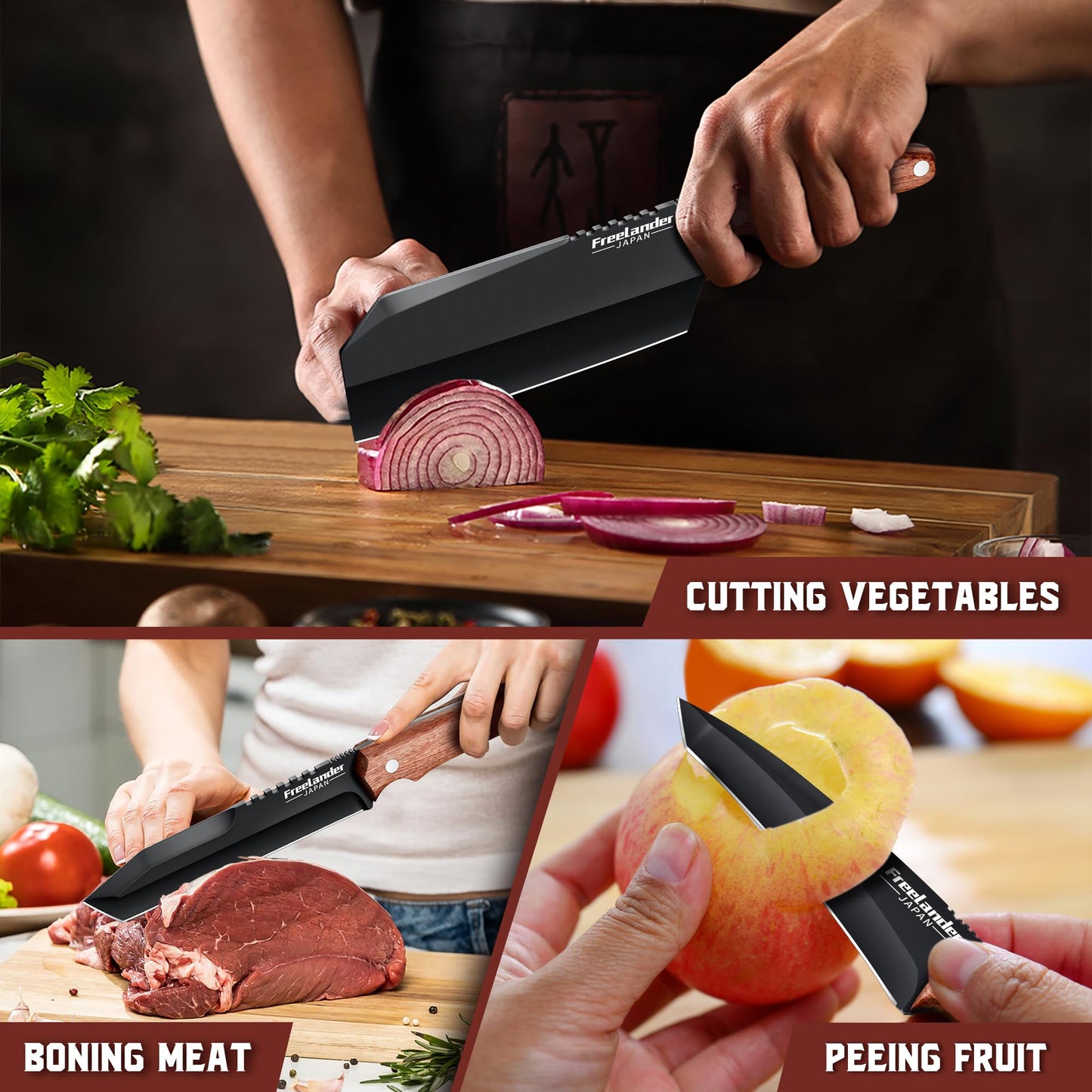 Freelander Butcher Knife Set 3 PCS, Japanese Chef Knife Set with Roll Bag, Full Tang Meat Cleaver for Kitchen & Camping & BBQ, Gift for Men