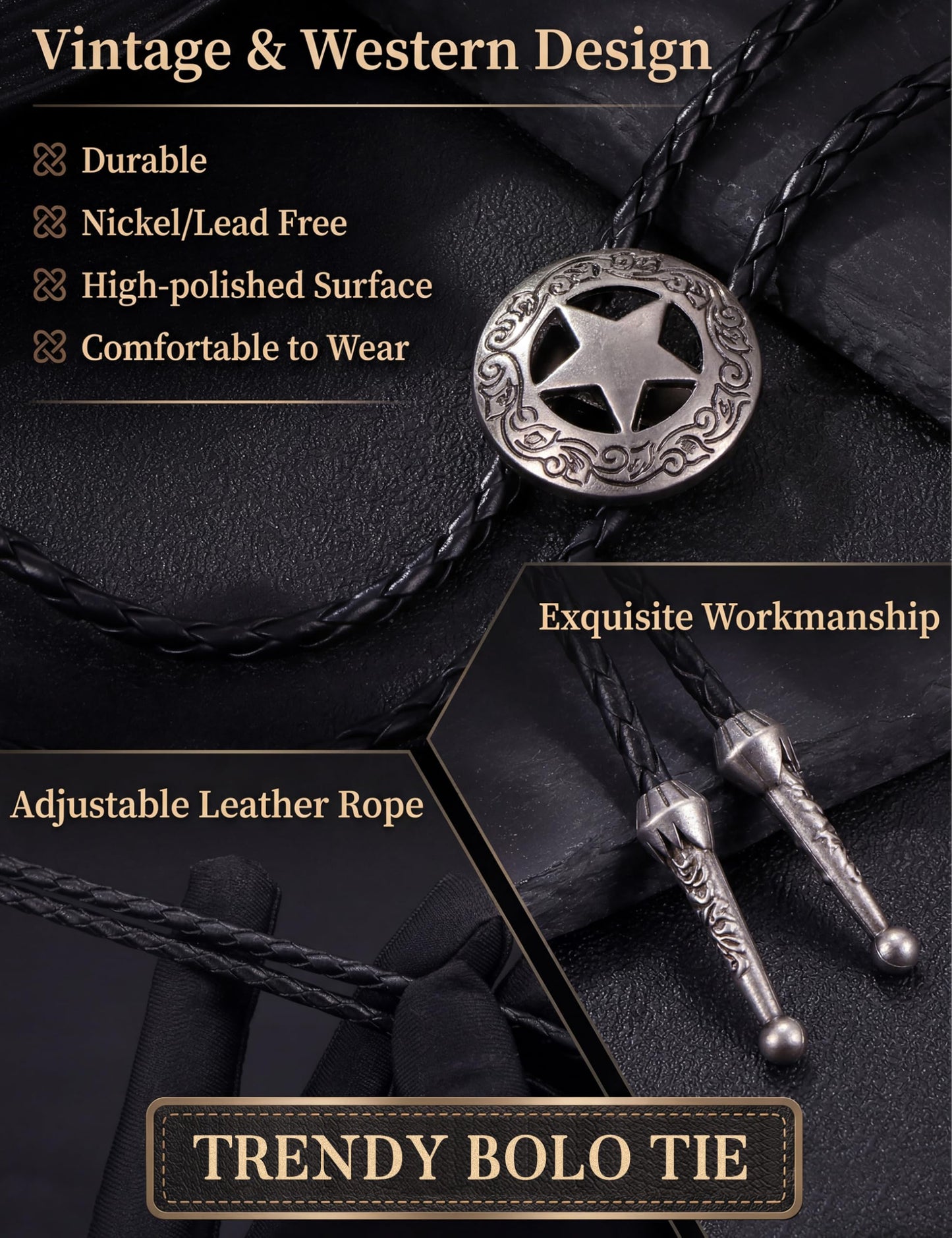 Kakonia Bolo Tie for Men Cowboy Cowgirl Costume Leather Necktie Western Necklace Turquoise Native American Bolo Tie Wedding Accessories for Men Women