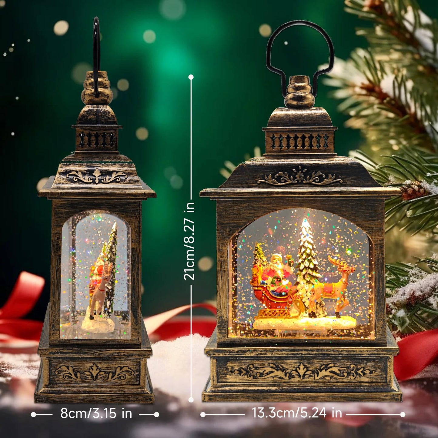 Christmas Snow Globes Lantern Water Swirling Glitter,with Santa Claus Projection/Auto 6H Timer/Music,Christmas Decorations Indoor Festival Home for Tabletop,USB/Battery Operated-Gifts for Kids Adults