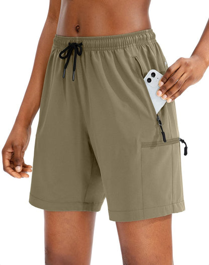 SANTINY Women's 5''/ 7''/9'' Hiking Cargo Shorts Quick Dry Lightweight Summer Shorts for Women Athletic Golf Zipper Pockets(Dusty Khaki_XXL)