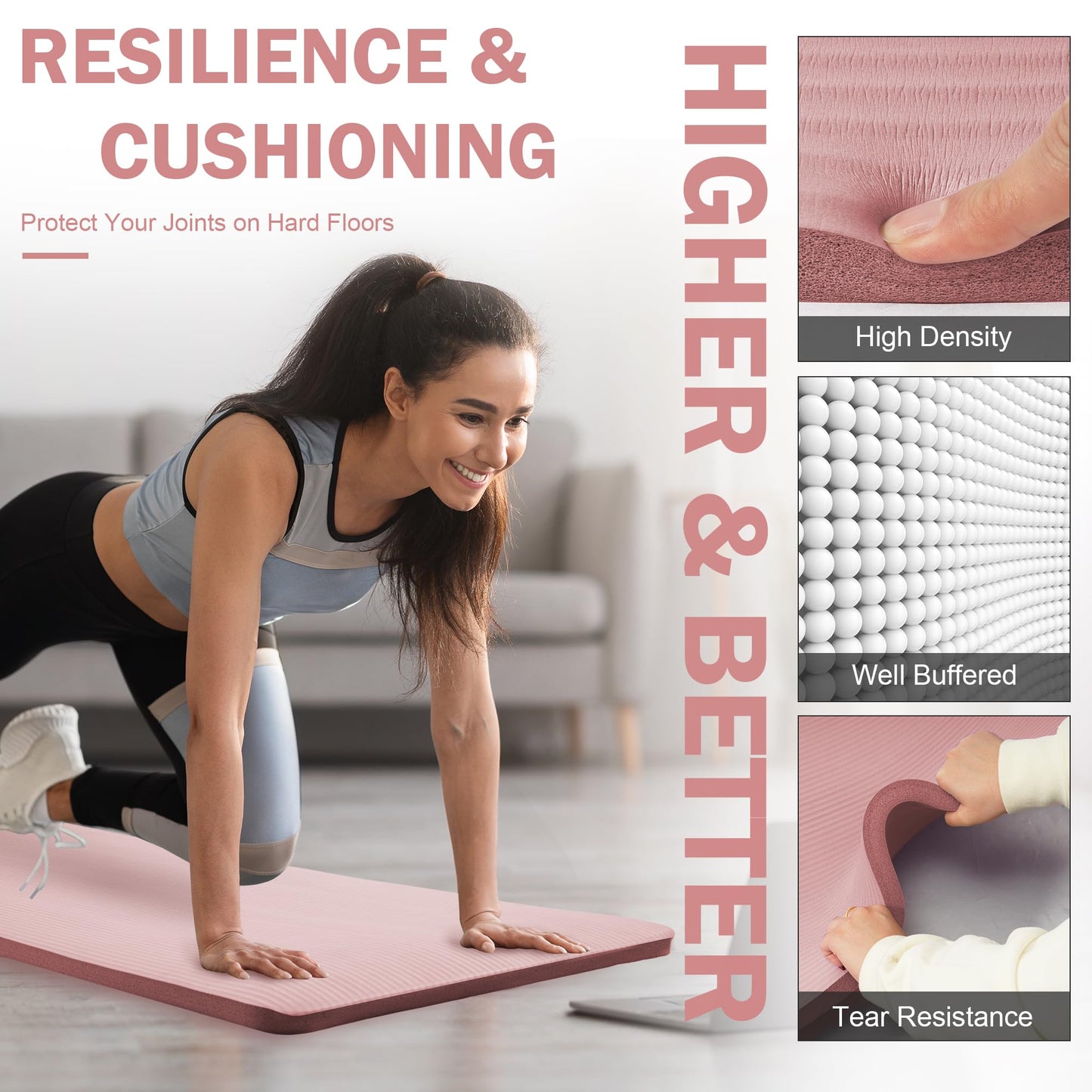 Fitvids Yoga Mat 1-Inch Extra Thick High-Density Exercise Mat with Non-Slip Surface & Carry Strap for Men & Women Tear-Resistant Pilates Workout Mat for Home Gym, Floor Fitness