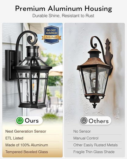 Motion Sensor Outdoor Wall Lights, Black Dusk to Dawn Porch Light Wall Mount, Exterior Lighting Fixtures, Outdoor Wall Sconce Lantern with Adjustable Sensor Range, Coach Lights for Garage Patio