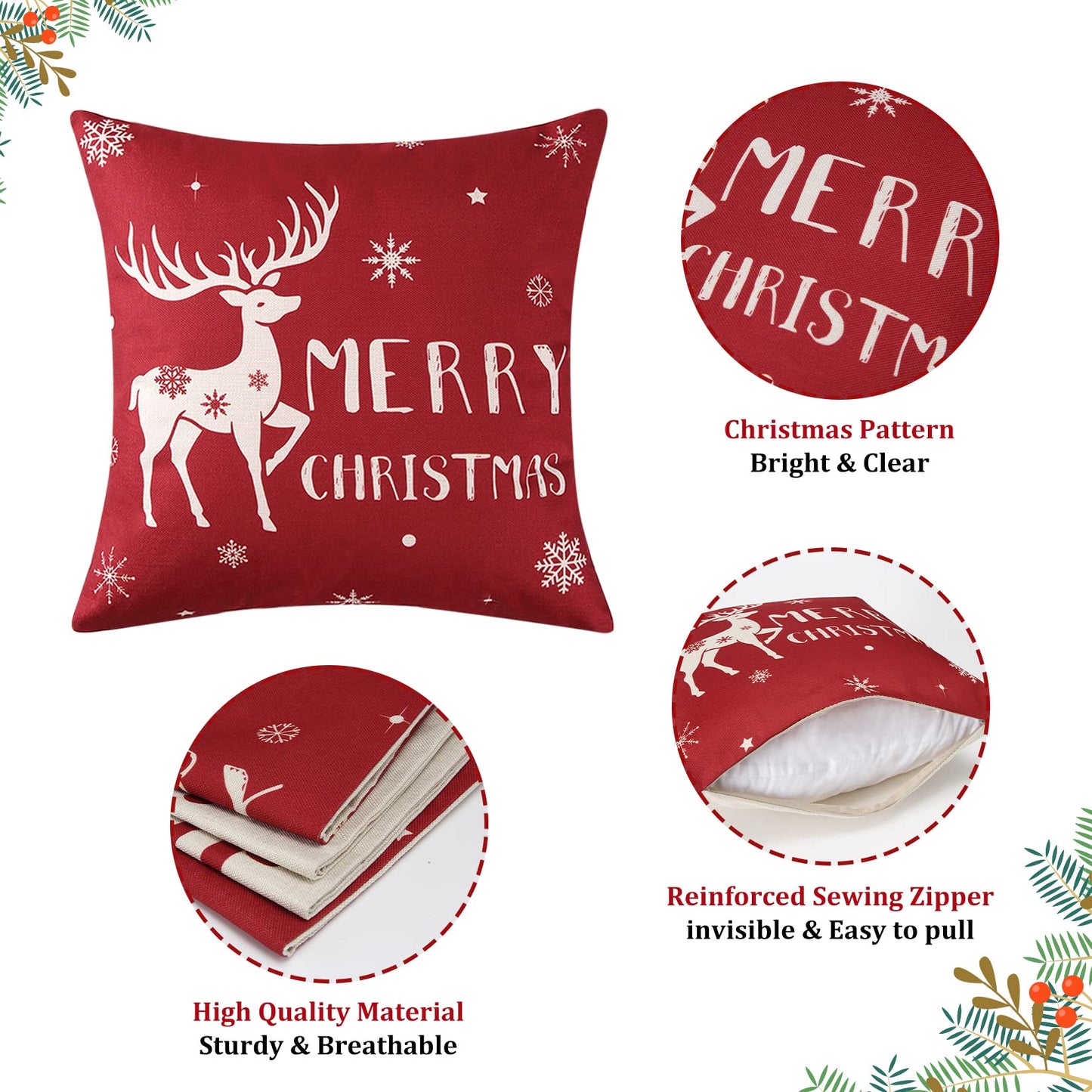 CAROMIO Christmas Decoration Pillow Covers 18 x18 Set of 4 Farmhouse Decorative Throw Pillows for Home Deer Rustic Xmas Tree Pillow Cases Winter Holiday Decor Throw Cushion Cases for Sofa Couch