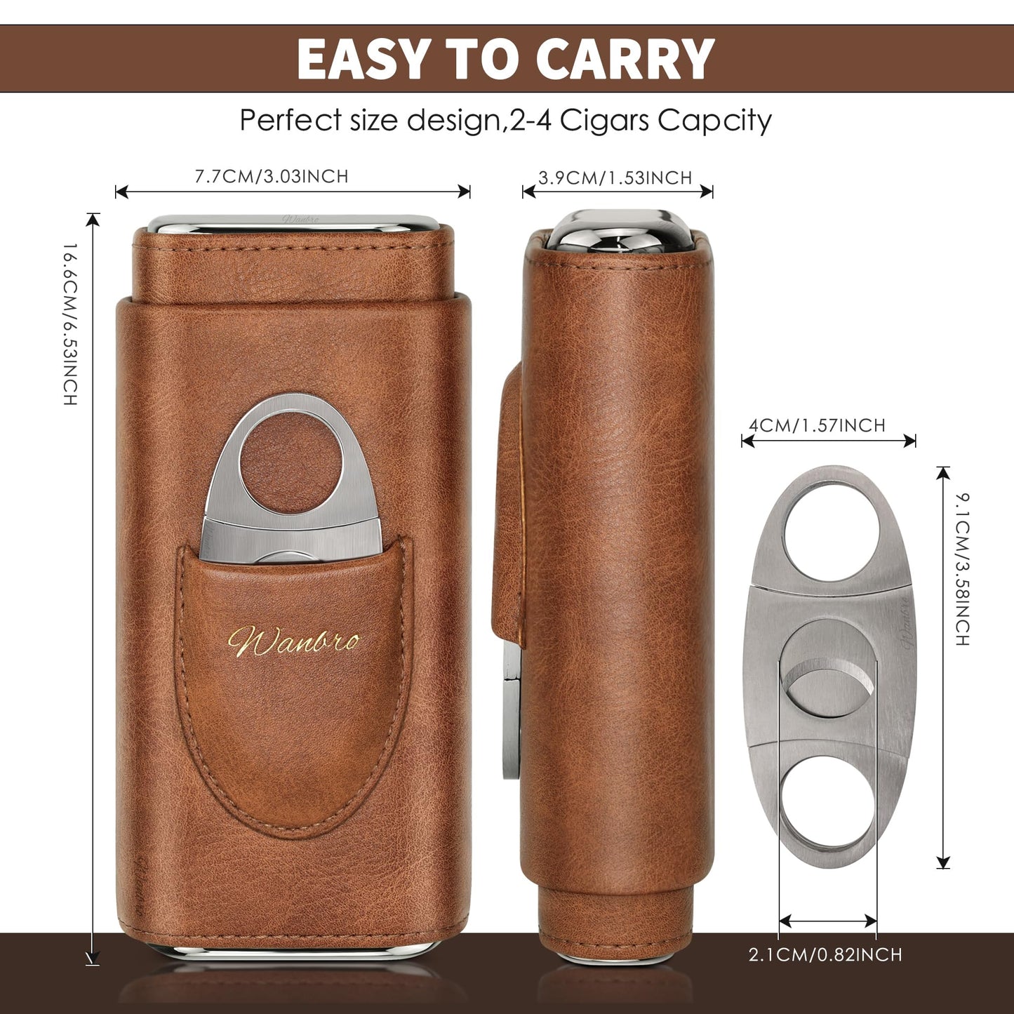 wanbro Cigar Case, 3pcs Holder, Cigars Travel Case, Cedar Lined, Leather Made Cigar Humidor with Stainless Cutter, Christmas gift for men dad