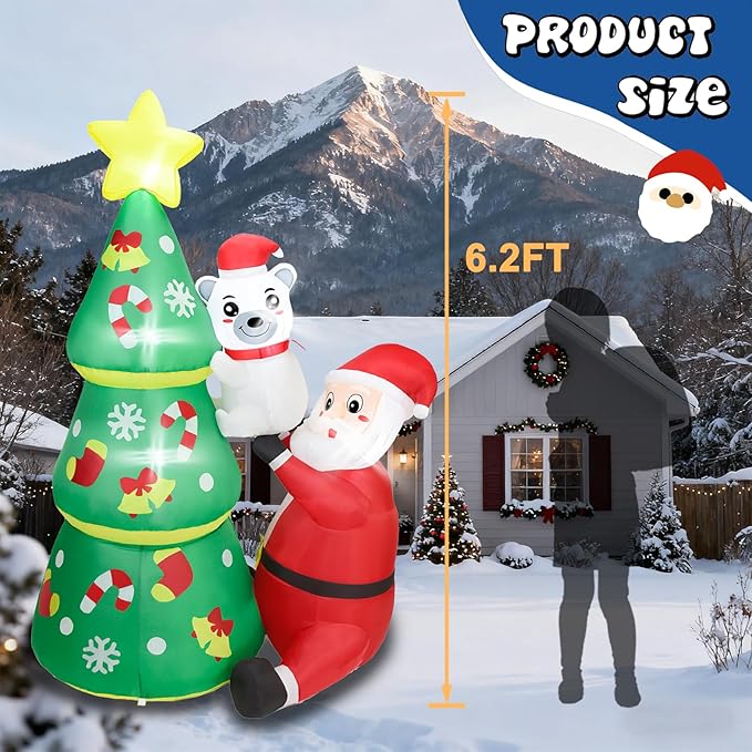 Dearsun 6.2FT Christmas Inflatable Tree with Santa Claus and Polar Bear, Blow up Christmas Inflatable Santa Build-in LED Lights Outdoor Decorations Large Party Yard Decoration