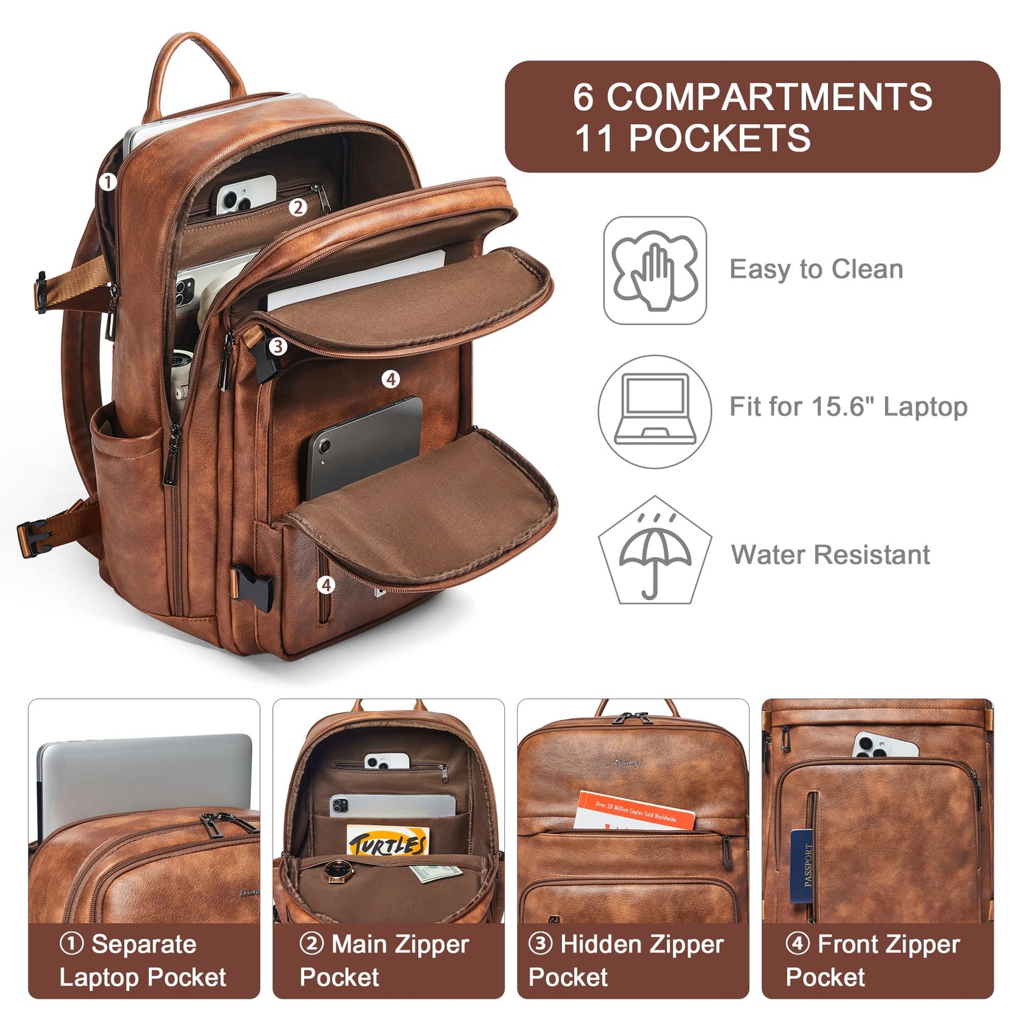 tiamyi Travel Backpack for Women and Men, Fits 17.0" Laptop, Stylish Lay-Flat Carry-on Vegan Leather Backpack with Luggage Strap for Travel and Daily Use