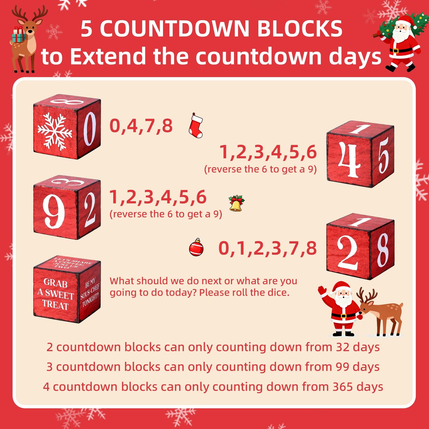 Gleegreets 365 Days Christmas Countdown Wooden Tiered Tray Decor, Activities Decision Dice Decorations Gifts for Home, Winter Table Centerpiece for Party Kitchen Office