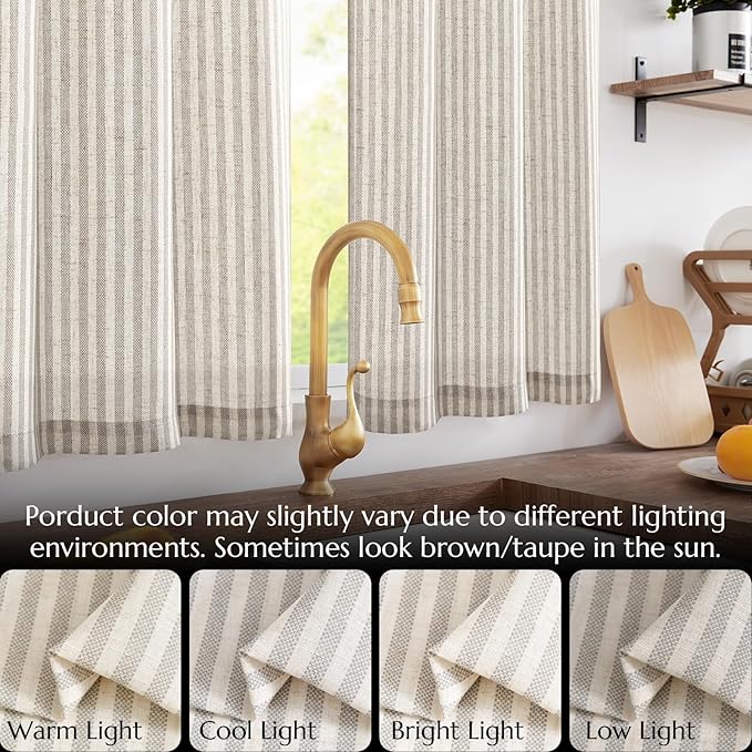 jinchan Tie Top Linen Kitchen Curtains 24 Inch Length Striped Tier Curtains Ticking Stripe Small Drapes for Living Room Bathroom Cafe Small Window Farmhouse Rustic Rod Pocket 2 Panels Taupe Grey